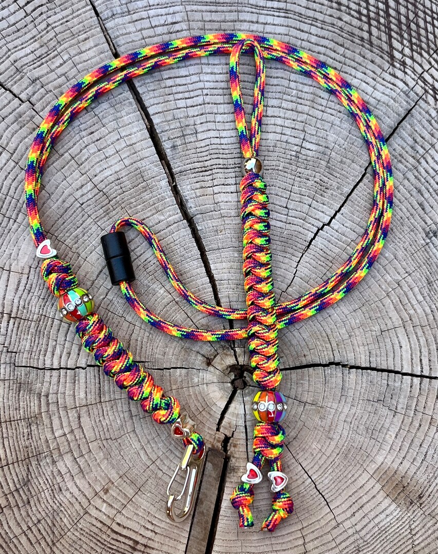 Rainbow 550 Paracord EDC Lanyard or Neck ID Badge Holder With Breakaway Clasp EDC Knife Lanyard, Enamel Stainless Steel Rainbow Bead Pride
